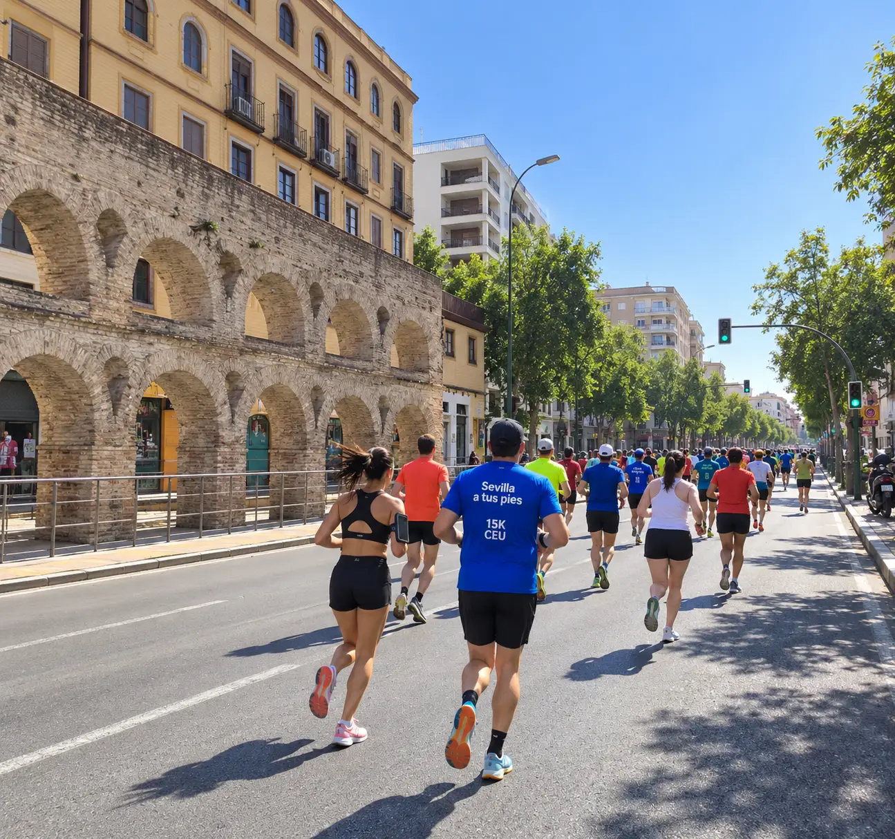 Corredores de la CEU SEVILLA 15K Experience junto a los arcos del acueducto de Luis Montoto