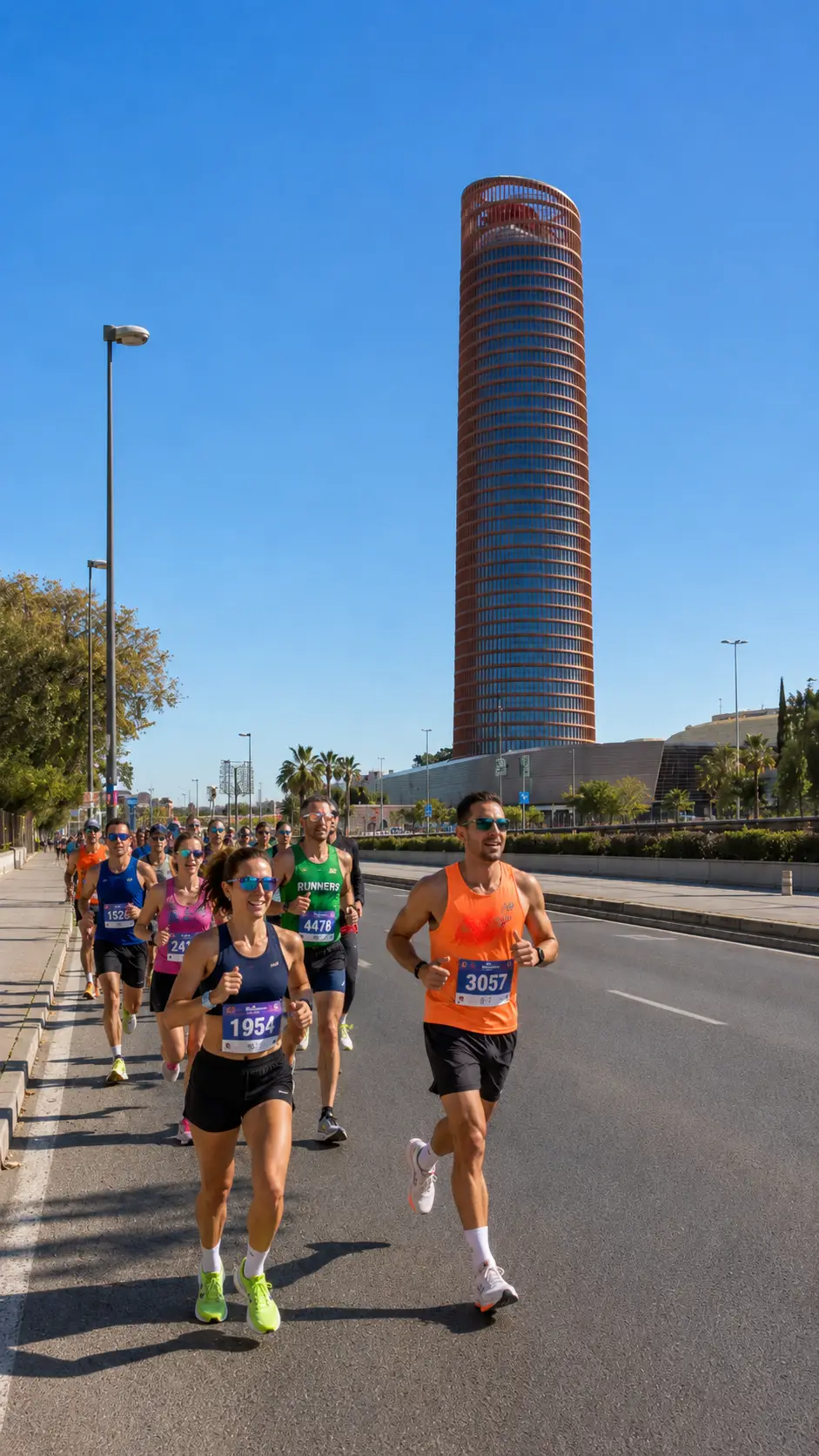 Corredores de la CEU SEVILLA 15K Experience junto a Torre Sevilla