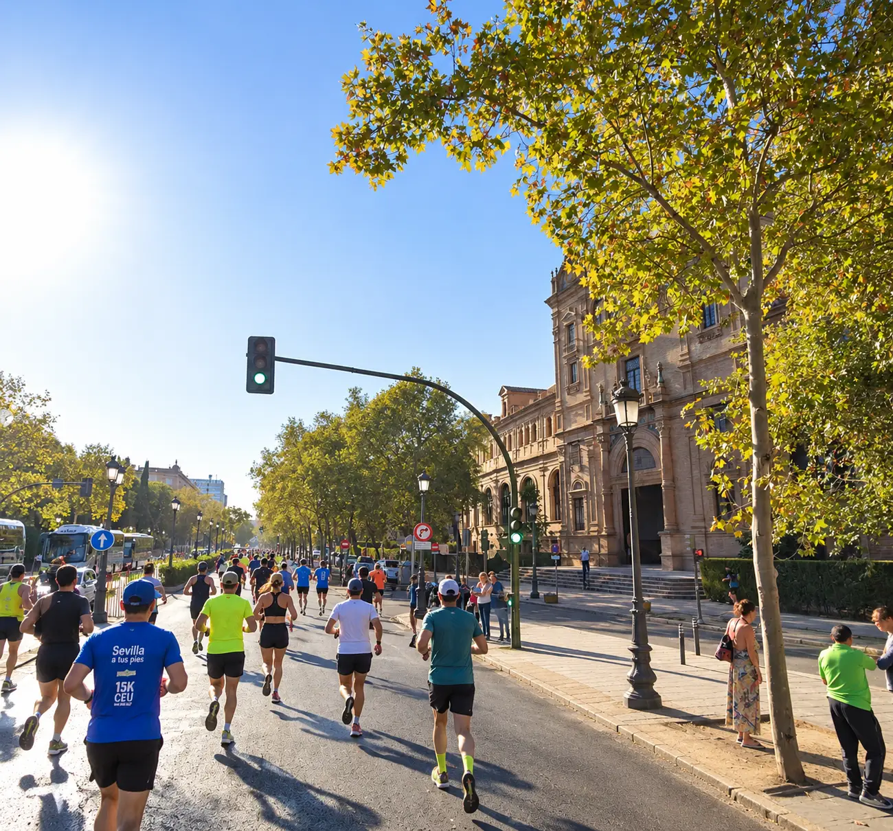 Corredores de la CEU SEVILLA 15K Experience junto a la Plaza de España