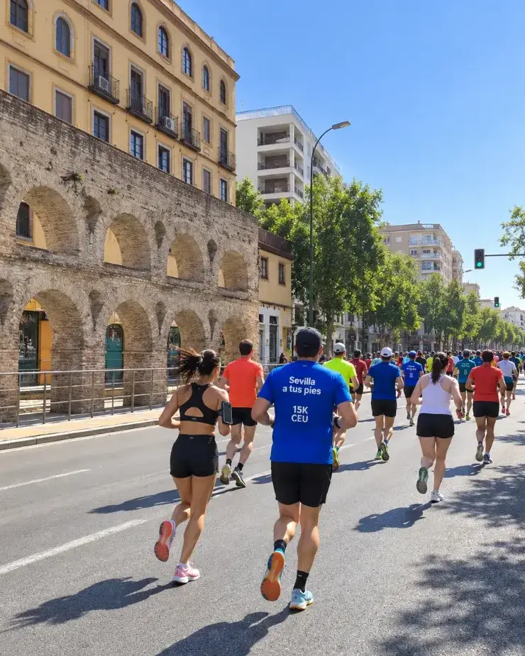 Corredores de la CEU SEVILLA 15K Experience junto a los arcos del acueducto de Luis Montoto